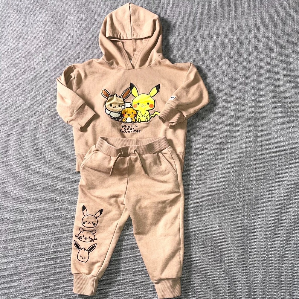 Pokemon 2 Piece Hoodie Set Boys 18M Brown Embroidered Pikachu Eevee Pichu Warmth